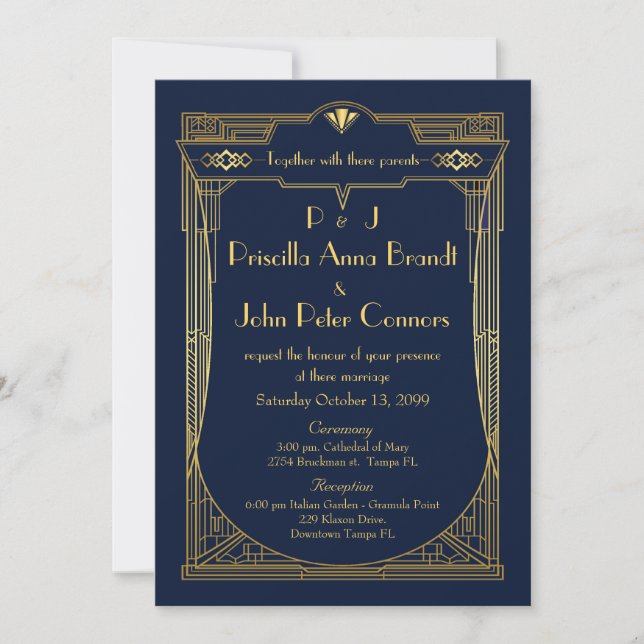 Wedding invitation card,Great Gatsby, navy, gold (Front)