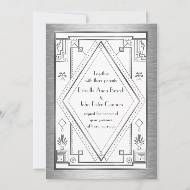 Wedding invitation card,Great Gatsby,silver, white (Front)