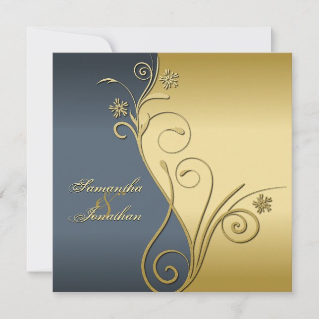 Wedding Invitation Classy Blue Gold Floral (Front)