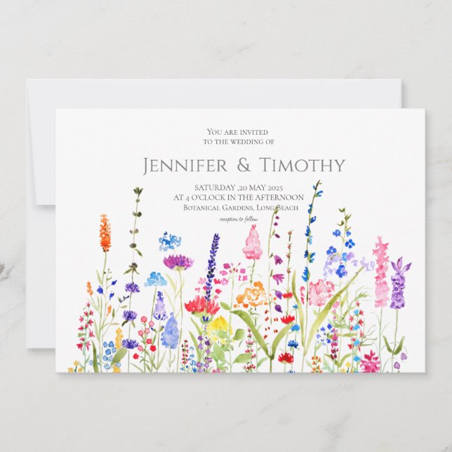 Wedding invitation colourful wildflowers watercolo (Front)