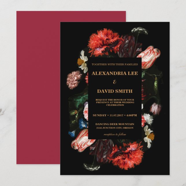Wedding Invitation Dark Red Floral Black (Front/Back)
