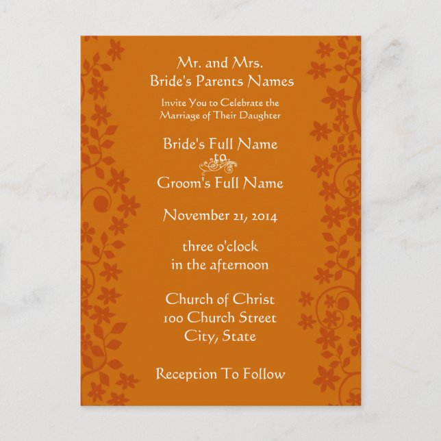 Wedding Invitation Deep Orange Swirls and Flowers (Front)