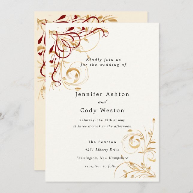 Wedding Invitation Elegant Gold Swirl Colour Choic (Front/Back)