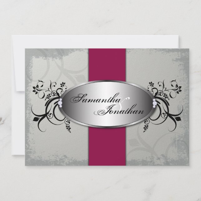 Wedding Invitation Elegant Grey Cherry Red Floral (Front)