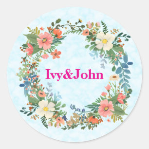 Wedding invitation envelope stickers, pink wreath classic round sticker