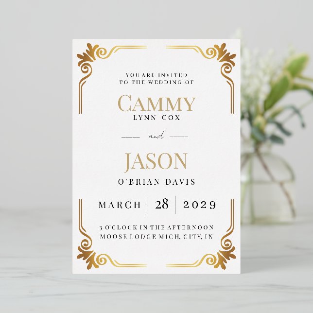 Wedding Invitation FOIL Ornate Gold Scroll Frame  (Standing Front)