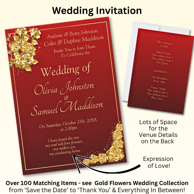 Wedding Invitation Gold Rose Flowers Maroon Red  (Creator Uploaded)
