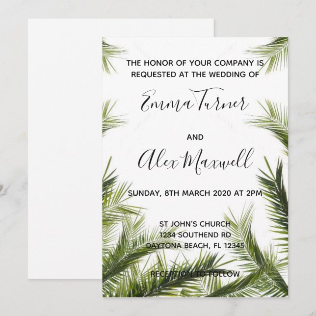 Wedding Invitation | Green Tropical Palm Script (Front/Back)