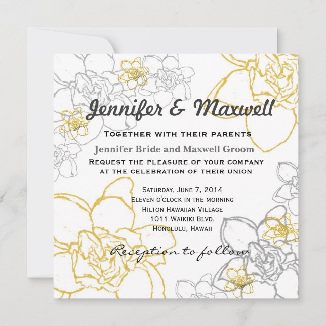 Wedding Invitation Grey and Yellow Flowers (Front)