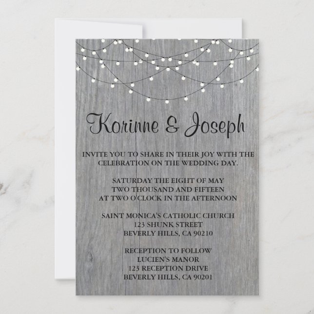 Wedding Invitation Grey, wood, String Light (Front)
