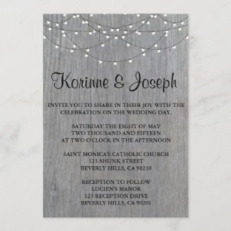 Wedding Invitation Grey, wood, String Light