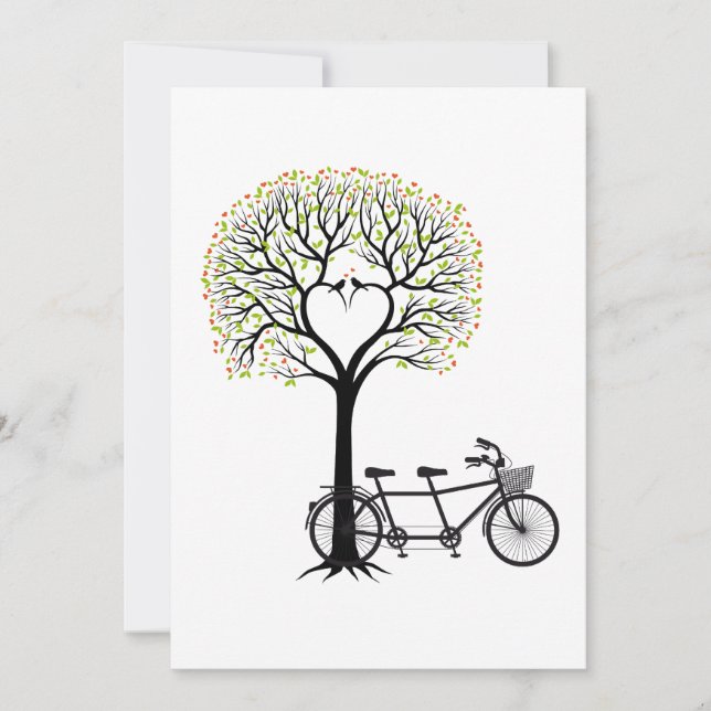 Wedding invitation heart tree with tandem bicycle (Front)
