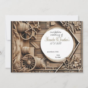 wedding invitation in wood carving unique style