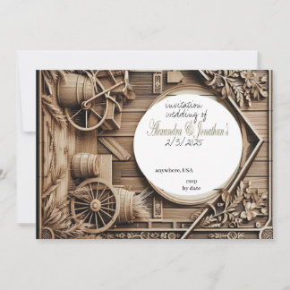wedding invitation in wood carving unique style 