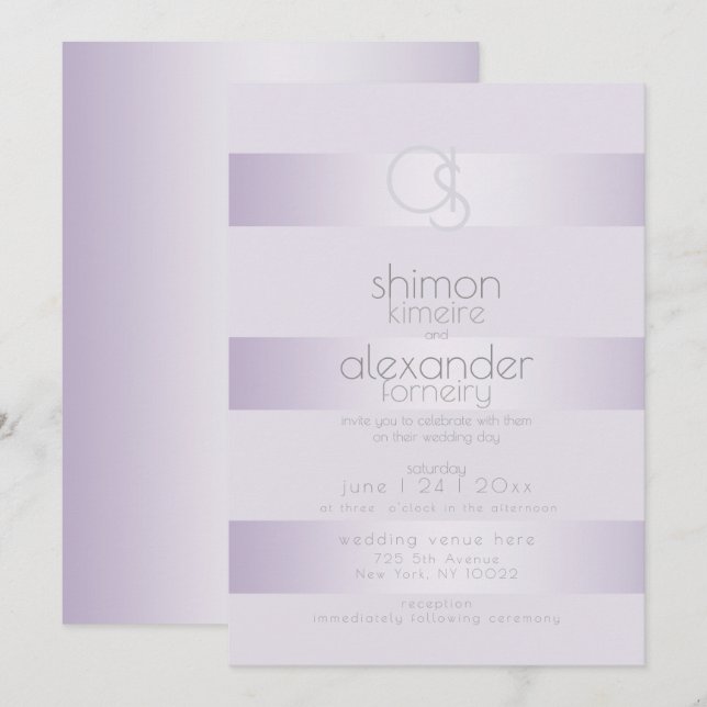 Wedding Invitation | Lilac Shimmer Stripe Monogram (Front/Back)