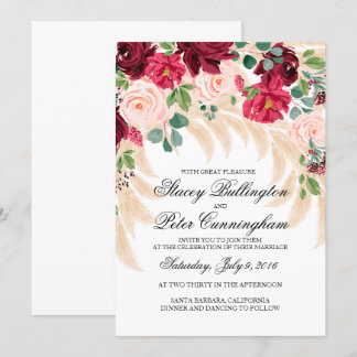 Wedding invitation Marsala peony rose pampas grass