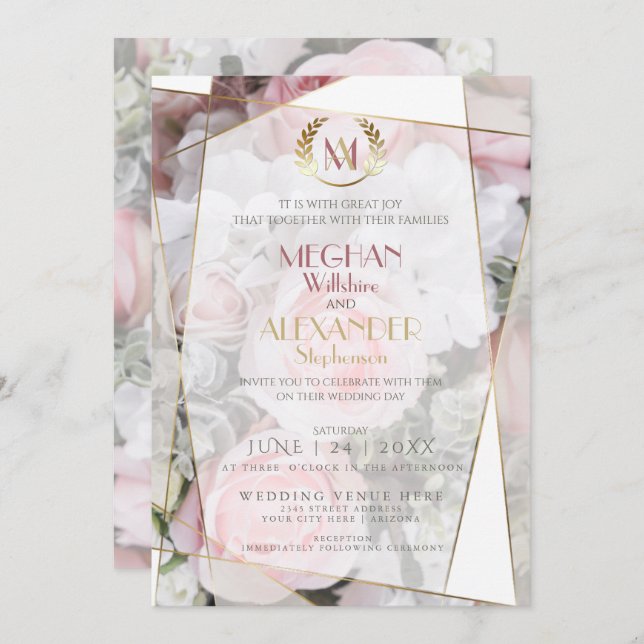 Wedding Invitation |  Modern Geometric Pink Roses (Front/Back)