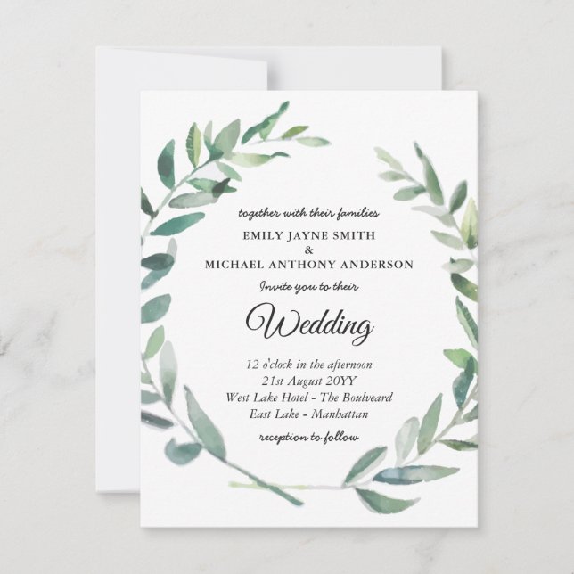Wedding Invitation Modern Olive Leaves (Front)