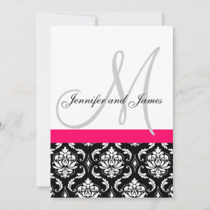 Wedding Invitation Monogram Black Hot Pink Damask