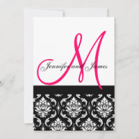 Wedding Invitation Monogram Black Pink Damask