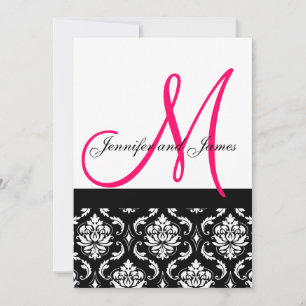 Wedding Invitation Monogram Black Pink Damask