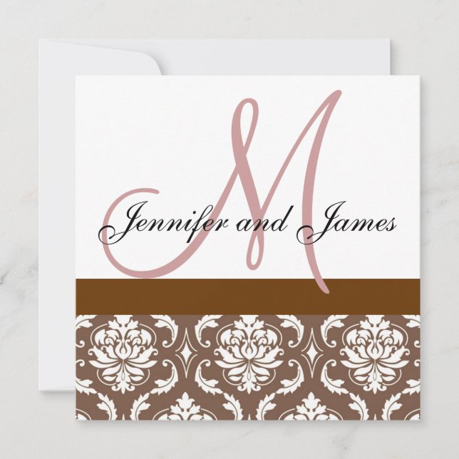 Wedding Invitation Monogram Brown Pink Damask (Front)