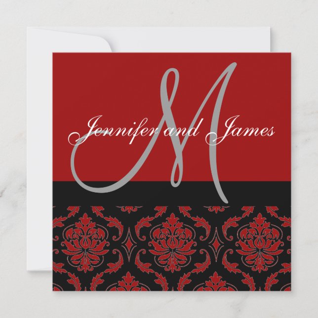 Wedding Invitation Monogram Burgundy Red Damask (Front)