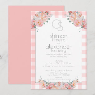 Wedding Invitation   Monogram Coral Gingham Floral
