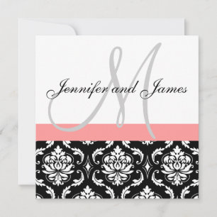 Wedding Invitation Monogram Coral & White Damask