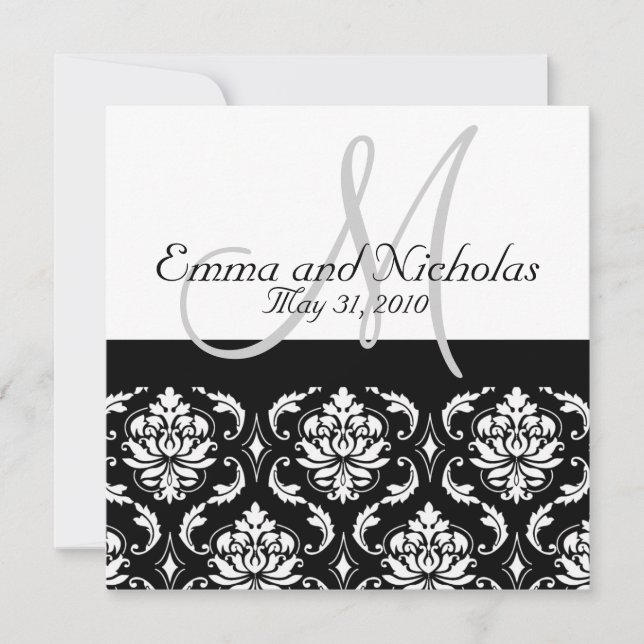 Wedding Invitation Monogram M Damask Black & White (Front)