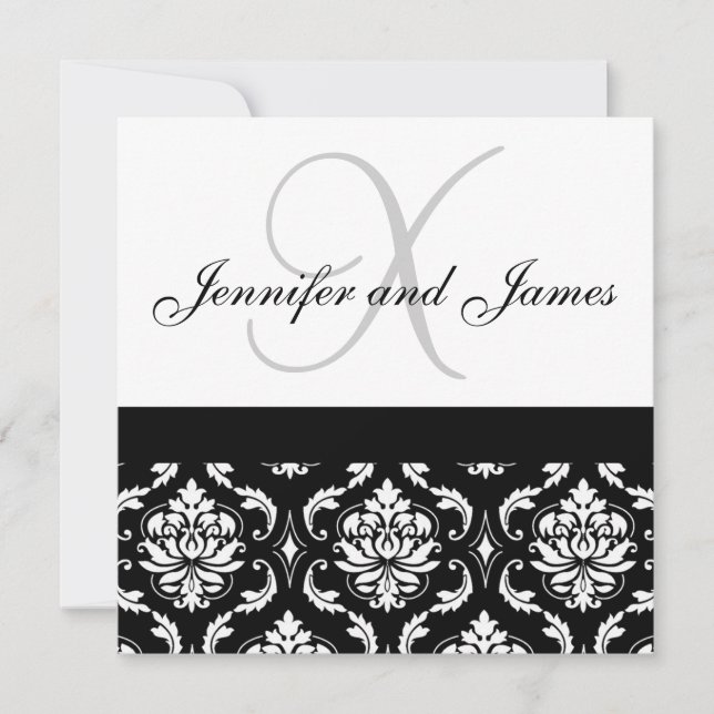 Wedding Invitation Monogram Names Black Damask (Front)