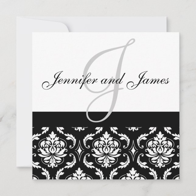 Wedding Invitation Monogram Names Black Damask (Front)