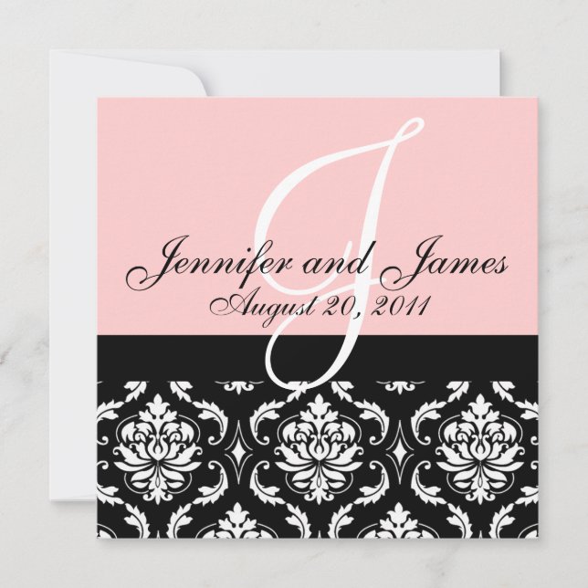 Wedding Invitation Monogram Names Date Pink Damask (Front)