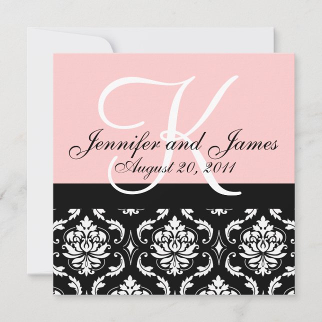 Wedding Invitation Monogram Names Date Pink Damask (Front)