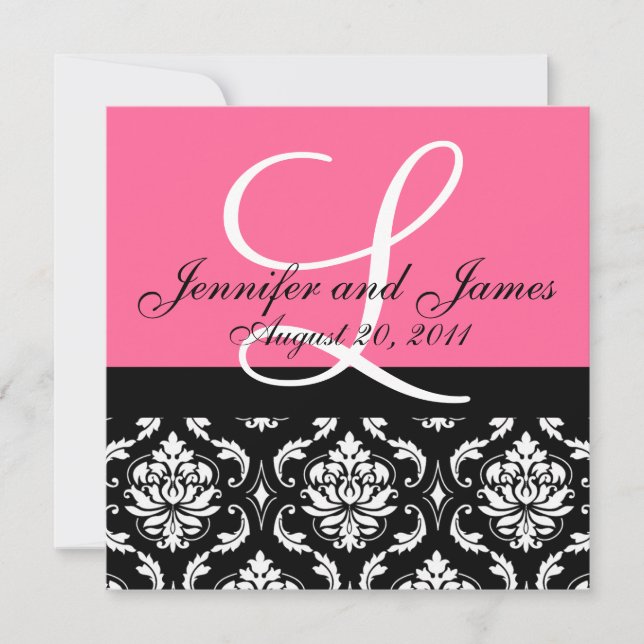 Wedding Invitation Monogram Names Date Pink Damask (Front)