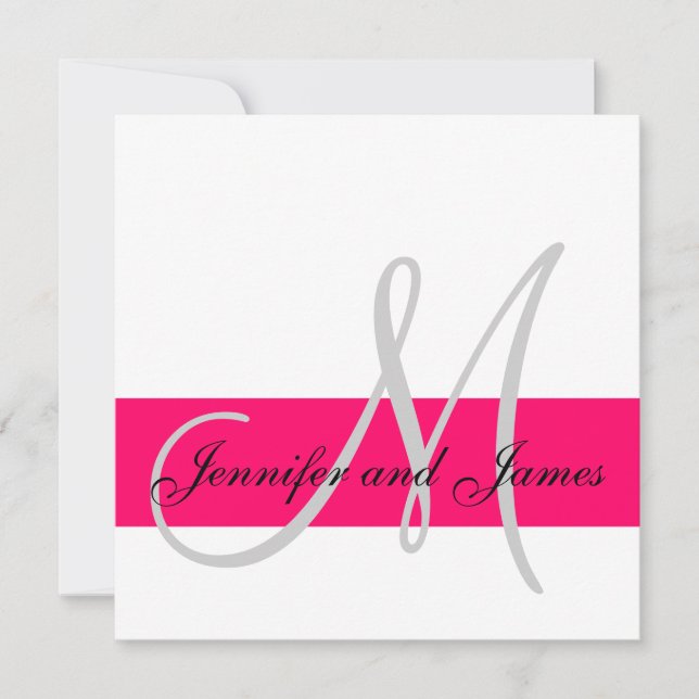 Wedding Invitation Monogram Names Fuchsia White (Front)