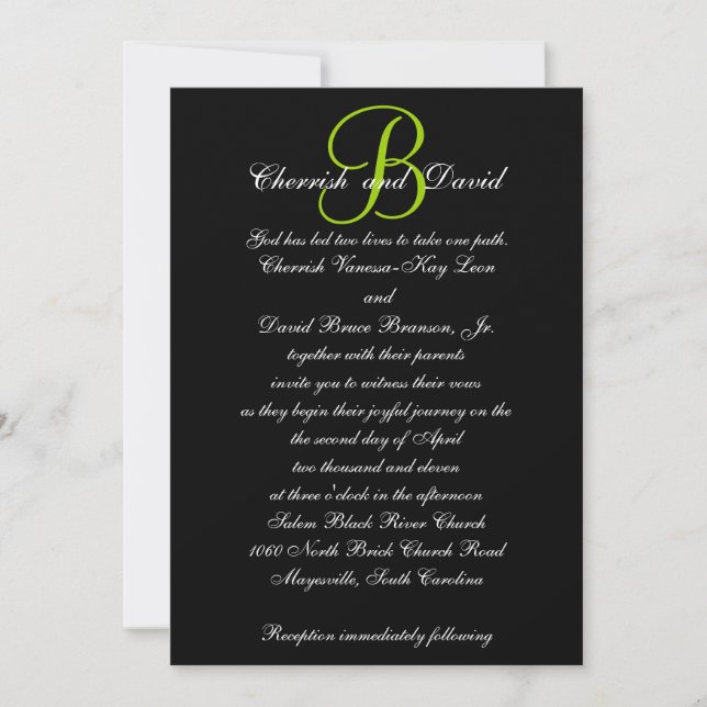 Wedding Invitation Monogram Names Green 4 (Front)