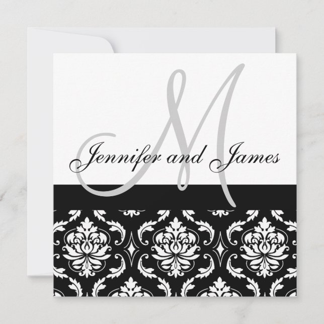 Wedding Invitation Monogram Names Grey Damask (Front)