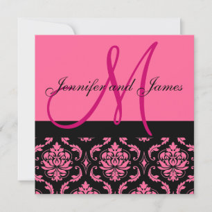 Wedding Invitation Monogram Names Hot Pink Damask