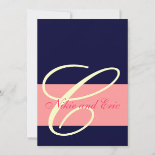 Wedding Invitation Monogram Names Pink, Ivory Navy