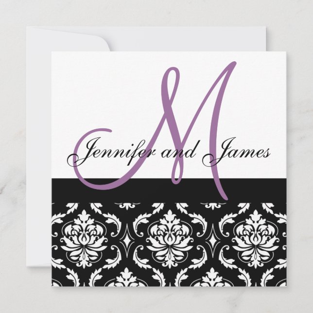 Wedding Invitation Monogram Names Plum Damask (Front)