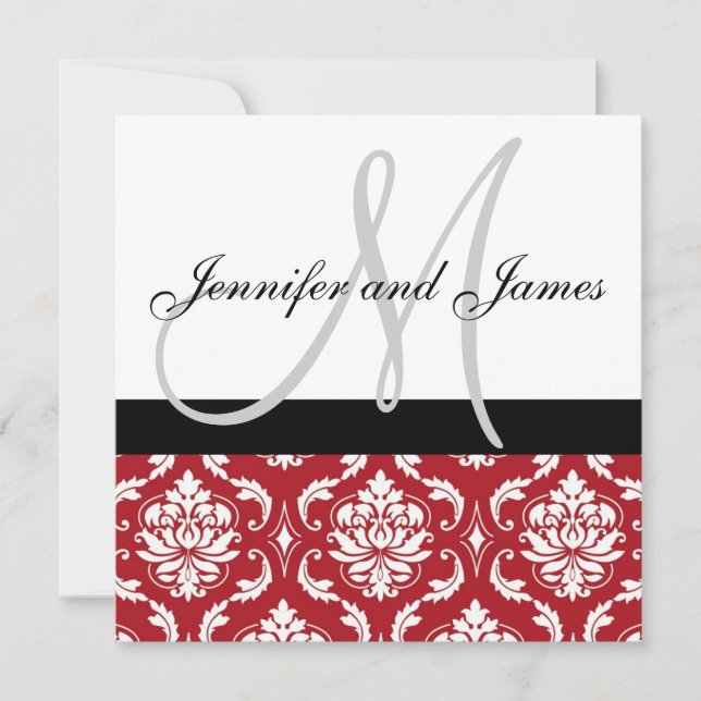 Wedding Invitation Monogram Names Red Damask (Front)