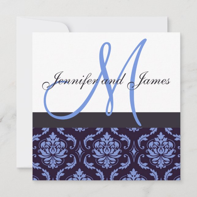 Wedding Invitation Monogram Navy Blue Damask (Front)