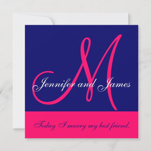 Wedding Invitation Monogram Saying Names Pink Navy (Front)