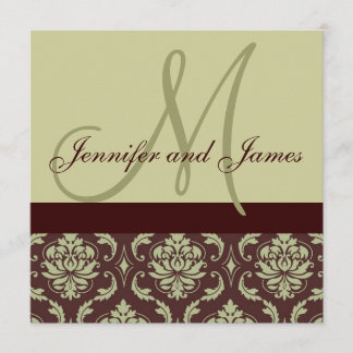 Wedding Invitation Monogram Taupe Brown Damask