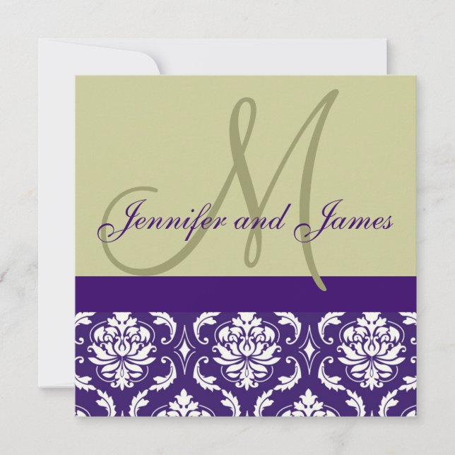 Wedding Invitation Monogram Taupe Purple Damask (Front)
