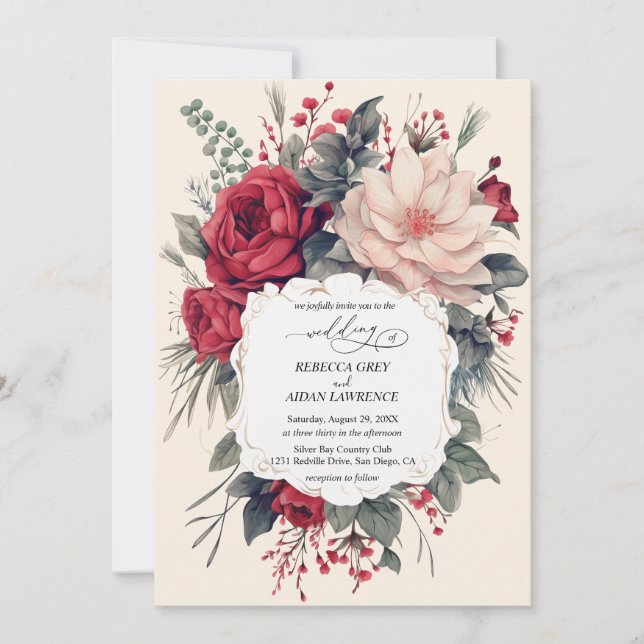 Wedding invitation nice flowers red blue classy (Front)