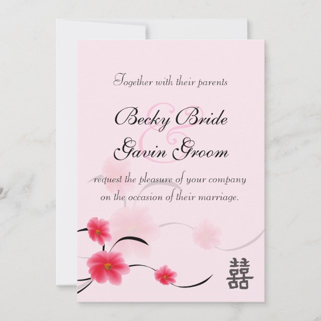 Wedding Invitation Pink Blossom Double Happiness (Front)