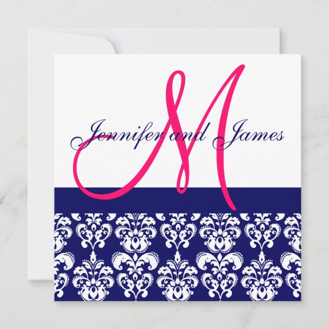 Wedding Invitation Pink Monogram Navy Damask (Front)