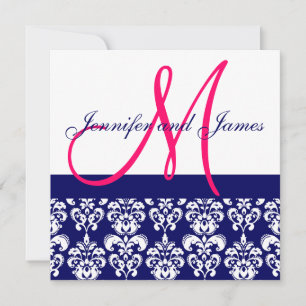 Wedding Invitation Pink Monogram Navy Damask